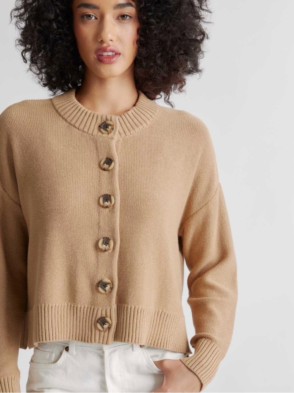 Quince Cropped Button Up Cardigan - Womens Large Camel Organic Cotton
